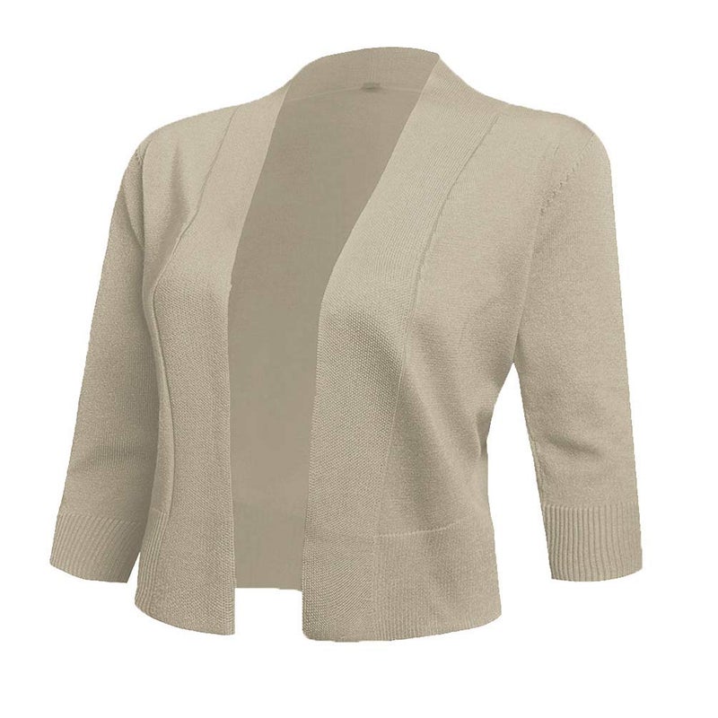 AAMILIFE Women's 3/4 Sleeve Cropped Cardigans Sweaters Jackets Open Front Short Shrugs for Dresses (X-Large, Apricot)
